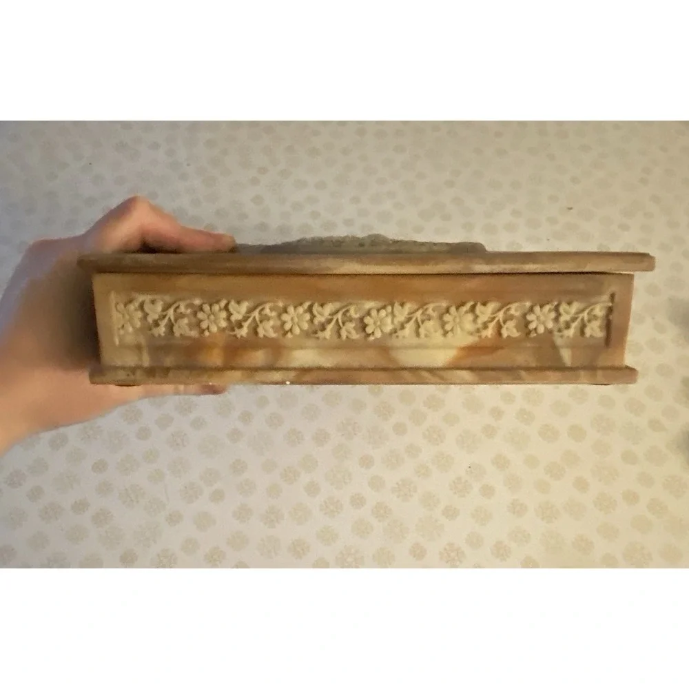 Vintage Soapstone Jewelry Box Book Style Peacock Carved Trinket Box Heavy